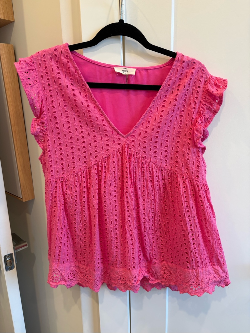 entro Bright Pink Eyelet V-Neck Ruffle Sleeve Tunic Top